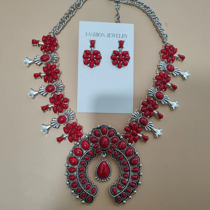 Navajo Indian Jewelry Set Costume Statement Red Turquoise Stone Resin Earrings and Western Squash Blossom Necklace for Women