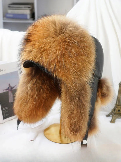 New Winter Men's 100% Real Silver Fox Fur Bomber Hat Raccoon Fur Ushanka Cap Trapper Russian Man Ski Hats Caps Real Leather Top - Kimlud