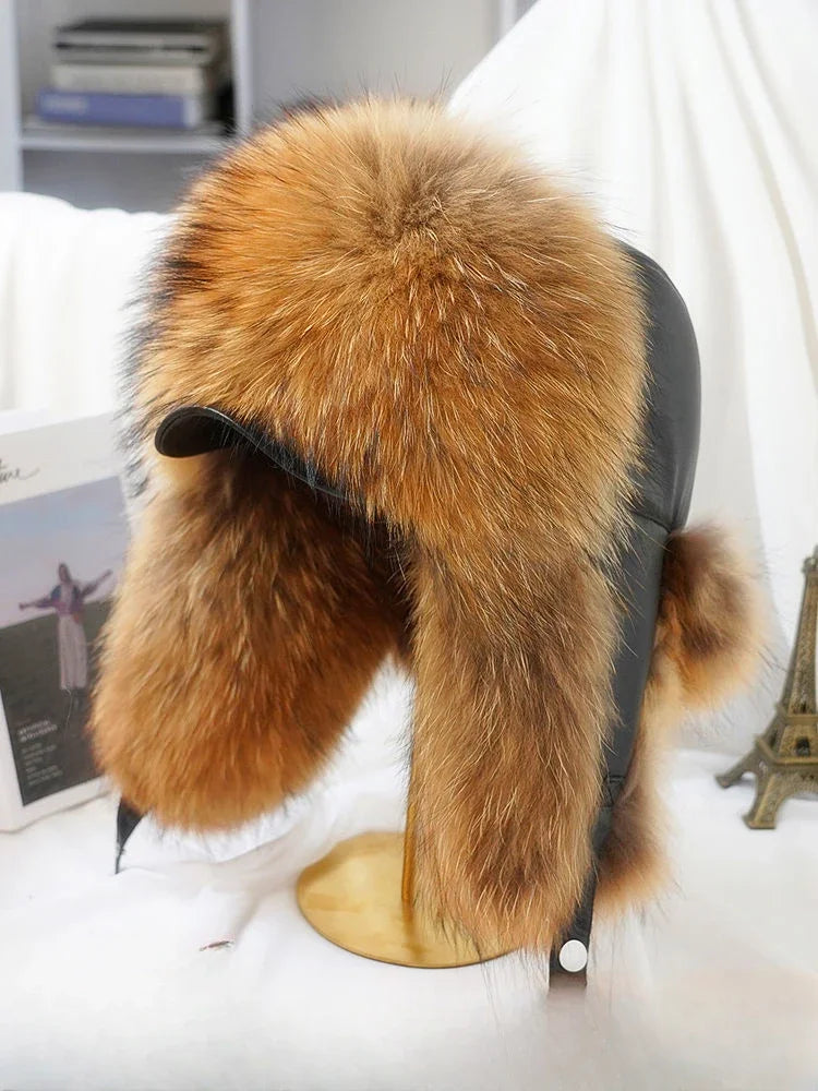 New Winter Men's 100% Real Silver Fox Fur Bomber Hat Raccoon Fur Ushanka Cap Trapper Russian Man Ski Hats Caps Real Leather Top - Kimlud