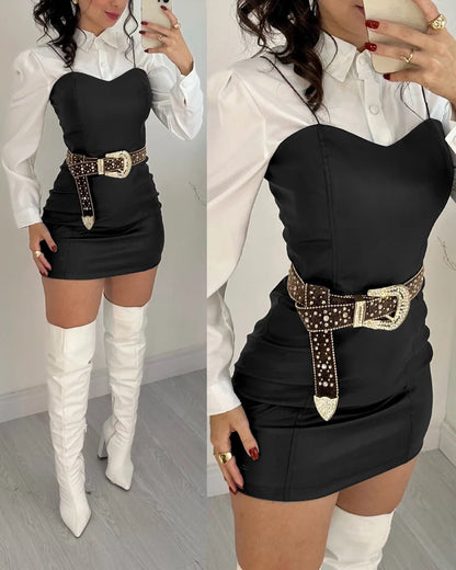 Two Piece Set Women Outfit 2025 Spring New Turn-Down Collar Long Sleeve Blouses & Casual Spaghetti Straps PU Leather Skirt - Kimlud