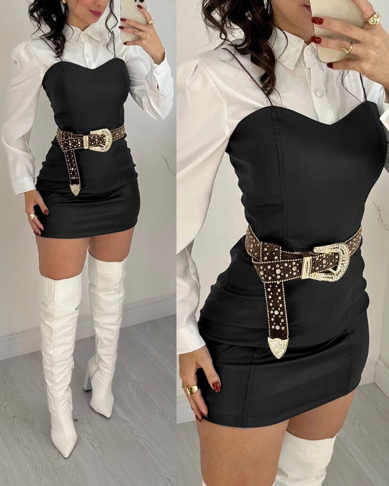 Two Piece Set Women Outfit 2025 Spring New Turn-Down Collar Long Sleeve Blouses & Casual Spaghetti Straps PU Leather Skirt - Kimlud