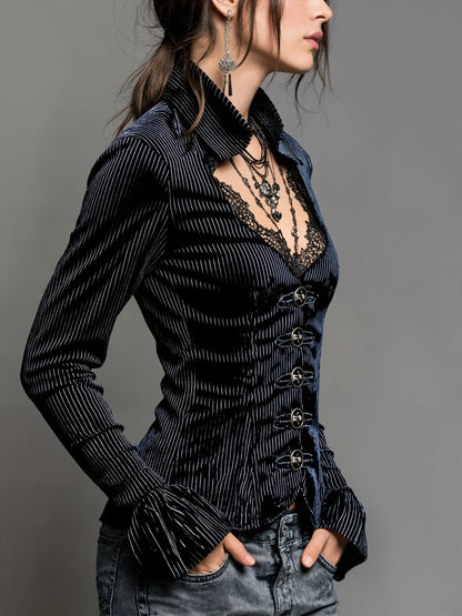 Women Striped Velvet Blouse Tops Elegant Vintage Casual Single Breasted Lace Flare Sleeve Slim Stand Collar Solid Gothic Tops