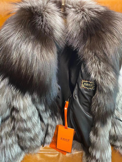Real Natural Silver Fox Fur Coat Highend Quality Hood Genuine Women Winter Luxury Female Jacket Long Sleeve