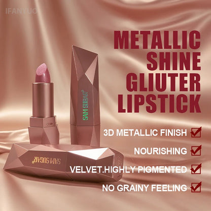 Dark Purple Diamond Metallic Glitter Lipstick Waterproof Long-Lasting Pearlescent Highly Pigmented Lip Tint Sparkling...