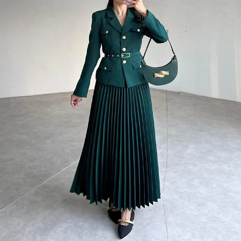 Elegant Women Two Pieces Set Single-breasted Lapel Jacket Coat Belt Pleated Midi Skirt Suit 2025 office Lady New In Matching Set