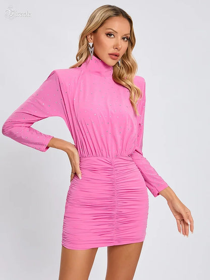 VC Chic Hot Pink High Neck Long Sleeve Mini Dress with Sparkling Rhinestone Embellishments and Ruched Detailing