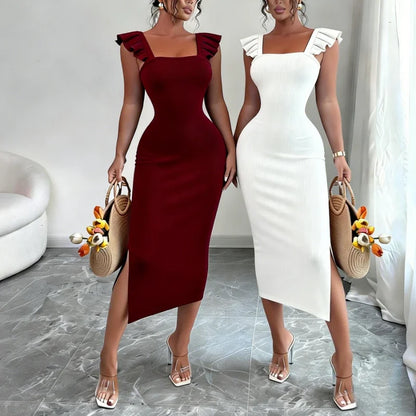 Women's Square Neck Ruffle Strap Sleeveless Side Slit Stretchy Ribbed Knit Bodycon Maxi Dress Party Wedding Long Dress Outfits