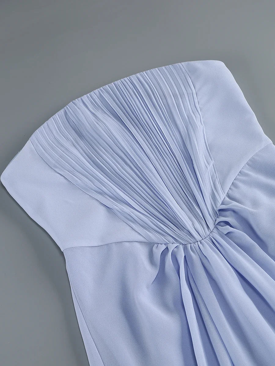Sexy Strapless Pleated Ruched Long Dress Women Light Blue Sleeveless Mesh Patchwork Halter Slim Dresses Evening Club...