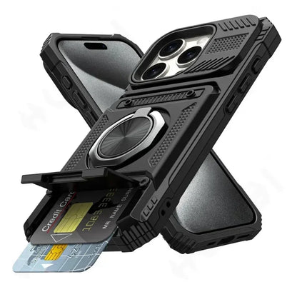 Case For iPhone 16 15 14 13 12 11 Pro Max XS XR 8 7 Plus Magnetic Rotated Ring Kickstand Heavy Duty Drop Protection Wallet Cover - Kimlud