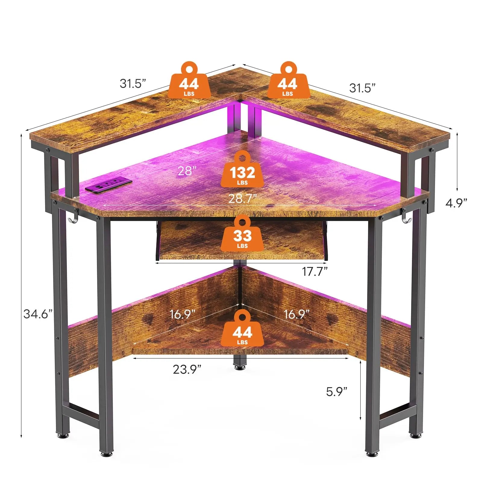 JHK Corner Desk Office Computer Desk for Small Space with LED Lights Gaming Table with Storage Shelves Power Outlets For Home