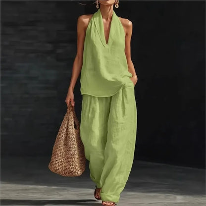 Casual Solid Set For Women Fashion Solid Sleeveless V Neck Tops+High Waist Wide Leg Pants 2 Piece Sets Lady Holiday Women's