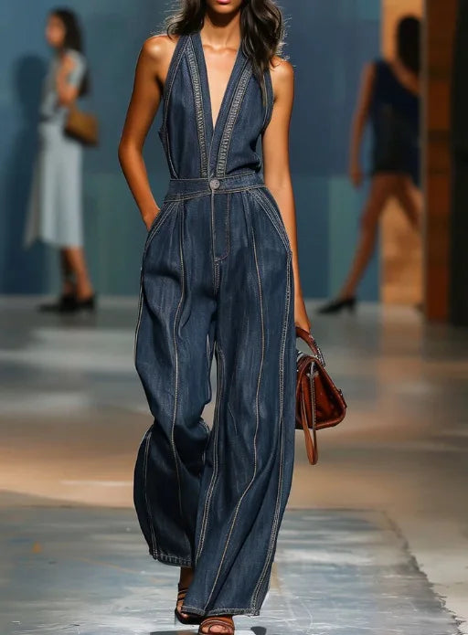 Women's Halter Neck Faux Denim Jumpsuit Sleeveless Deep V-Neck Wide Leg Denim Romper Vintage Inspired Retro Overalls |...
