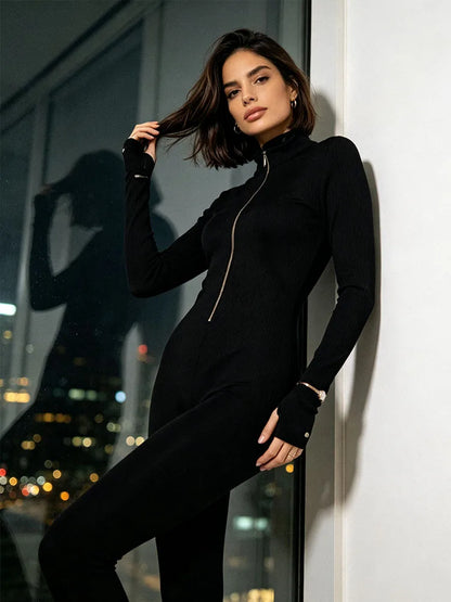Y2K Half Zip High Neck Jumpsuit, Long Sleeve Bodycon Stretch Skinny One Piece Pants