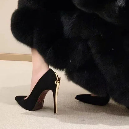 2026 Early Spring New High Heels Women's Fine Heels Pointed Metal Swords Sexy Queen Black Lacquer Leather Single Shoes