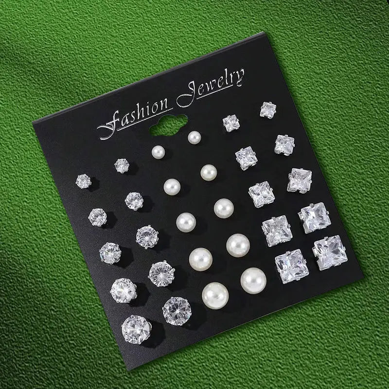 12 Pairs Set Stainless Steel Stud Earrings with Gemstone Buds Round Earrings Unisex Fashion Jewelry Gifts | Kimlud...