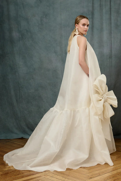 Couture Pretty Beige Organza Losse Long Formal Dresses With Big Handmade Flower Bridal Gowns Wedding Dress - Kimlud