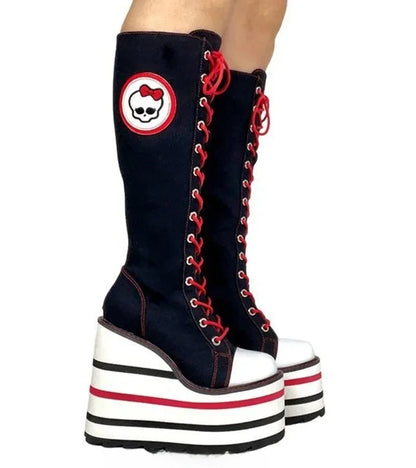 Canvas red Check Platform Knee high Boots Women Metal Chain Round Toe Wedges Cross Tied Lolita Heighten Shoes Lovely Sexy Boots