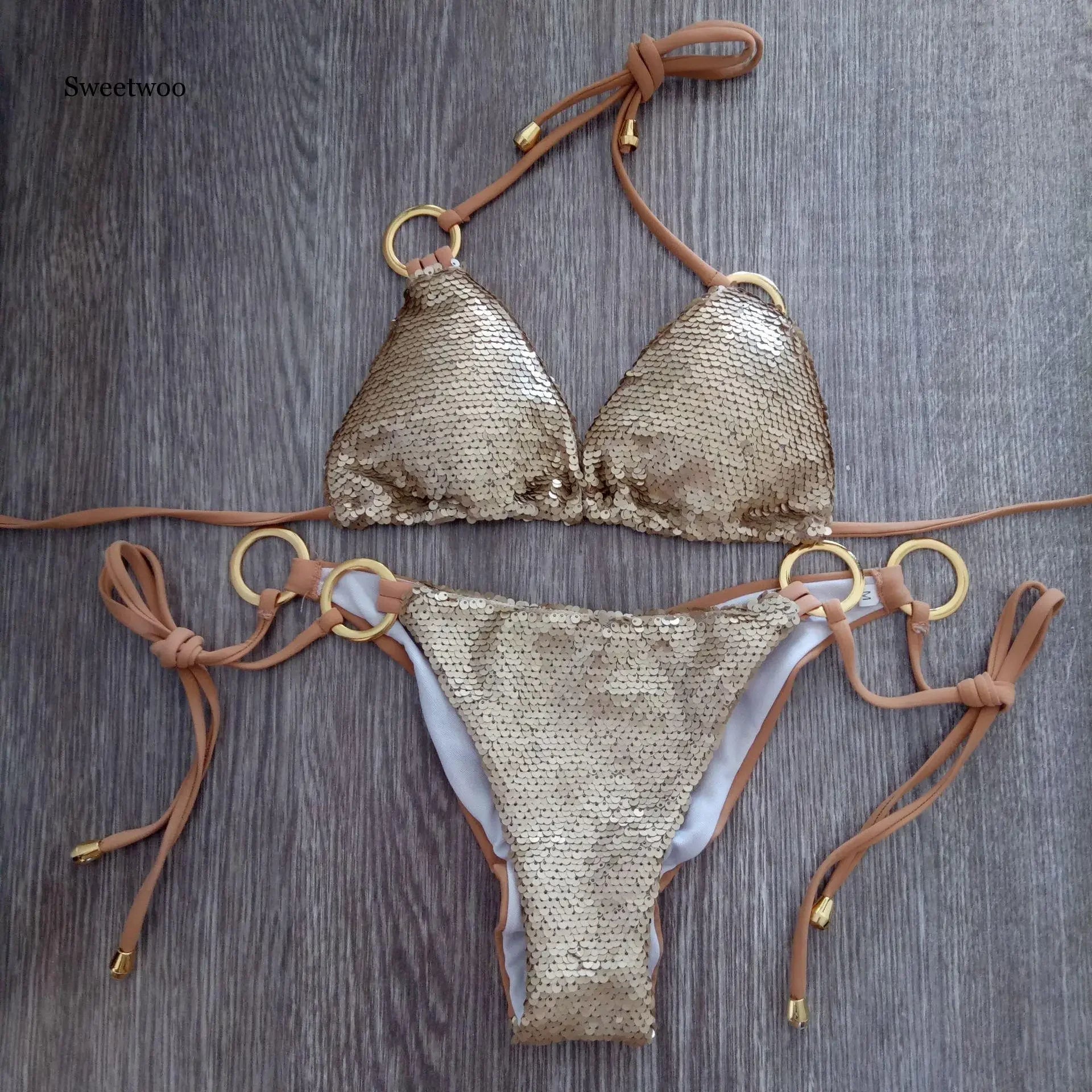 Solid Bikini Sexy Swimsuit Halter Swimwear Bathing Suit Women Bling Sequin Bikini Set Beach Wear Dropshipping Monokini...