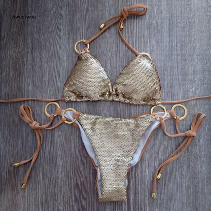 Solid Bikini Sexy Swimsuit Halter Swimwear Bathing Suit Women Bling Sequin Bikini Set Beach Wear Dropshipping Monokini...