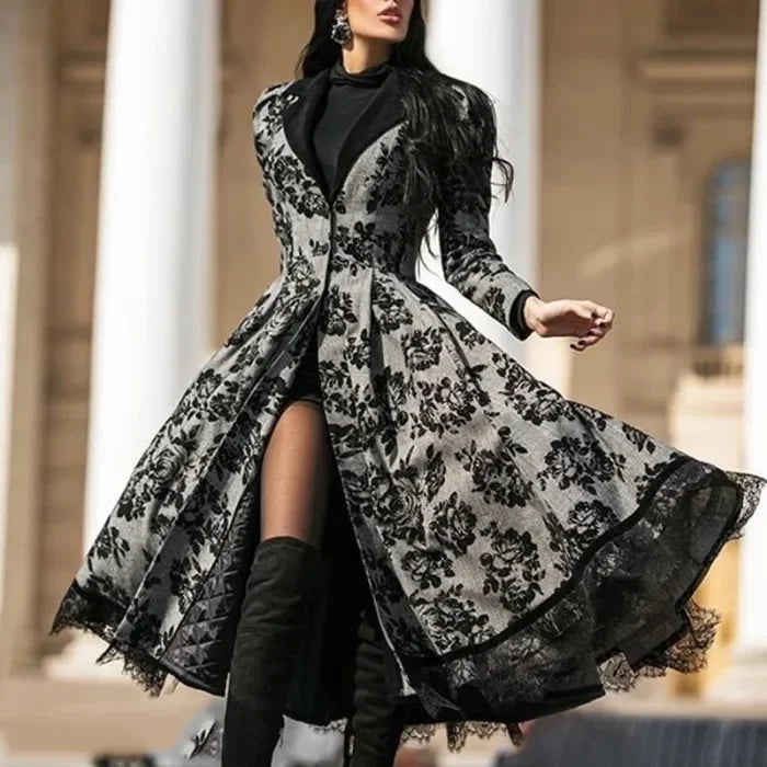 Women Vintage Party Trench Long Sleeve Autumn Splicing Lace Button Coat Female Casual Big Swing Fashion Jackets