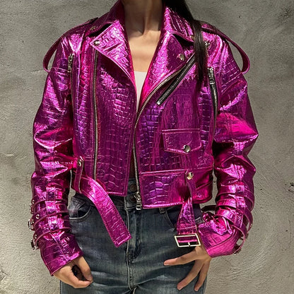Shiny Blue Women Leather Jacket Real Lambskin Leather Cloth Streetwear Leather Jackets