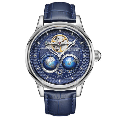 SEAKOSS Male Dual Earth Rotating Mechanical Men's Watch Automatic Movement Waterproof Clock Pilots 1963 Flywheel Wristwatches