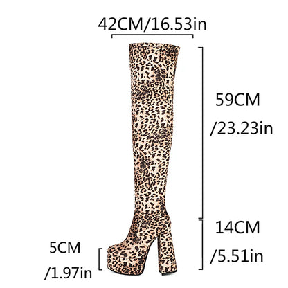 Plus Size High Platform Super Thick Heel Leopard Print Velvet Over The Knee Boots Roman Style Winter Sexy Long Boots