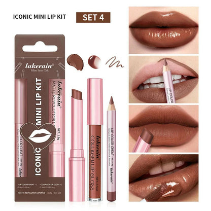 3pcs Lip Makeup Set Lip Liner Lip Gloss Lipstick Mirror Effect Beep Lips High Color Long-lasting Hydrates Travel Mini Set