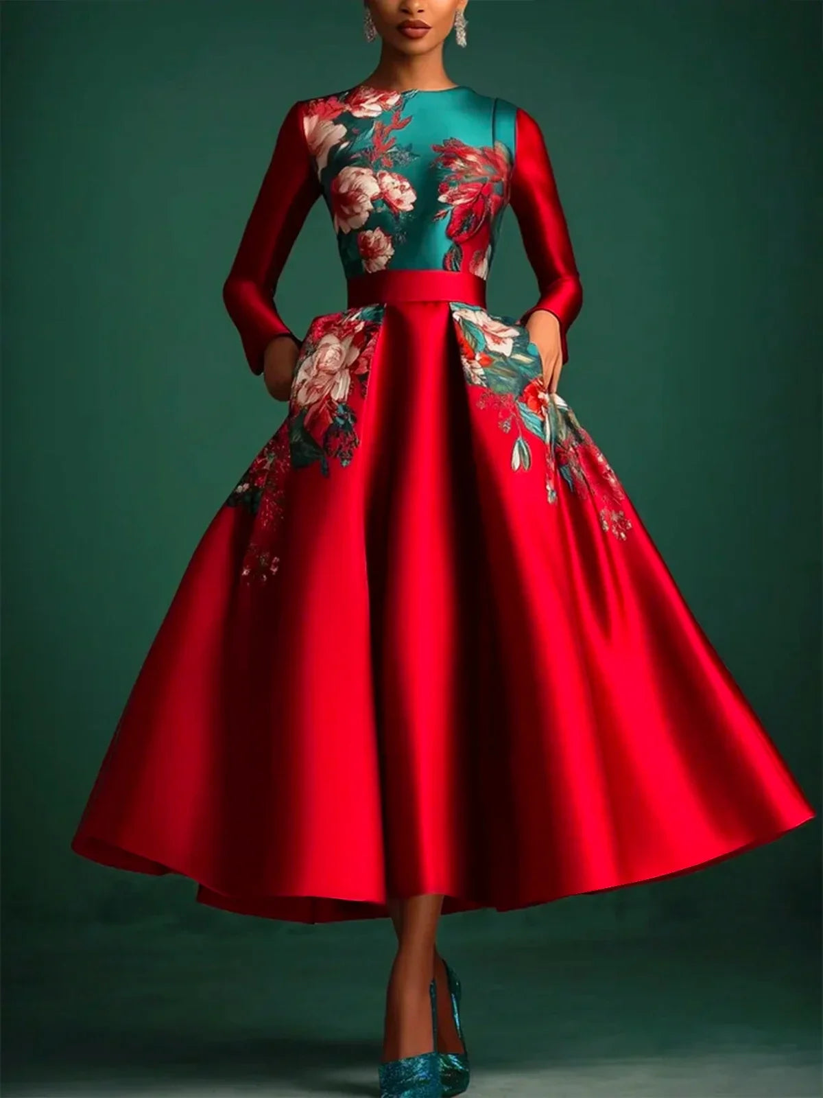 Elegant Dress for Women Long Sleeve O Neck Floral Printing A-Line Pleated Sweet Party Club Evening Wedding Guest Maxi Dresses