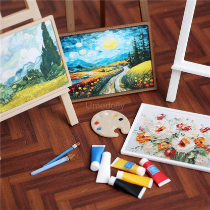 1/12 Scale Miniature Dollhouse Painting Pigments Palette Easel Decor for OB11 BJD Doll Accessories Toy - Kimlud