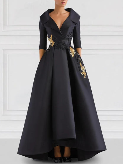 Black A-Line Evening Gowns Vintage Embroidered Elegant Dress Formal V Neck Pocket Satin Beading Appliques 2025 free customized