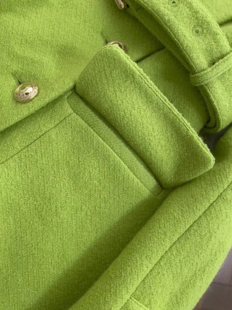 Women Elegant Double Breasted Coat Fashion Turn Down Sashes Collar Slim Fit Sashes Woolen Fabric Winter Lady Long Style Overcoat