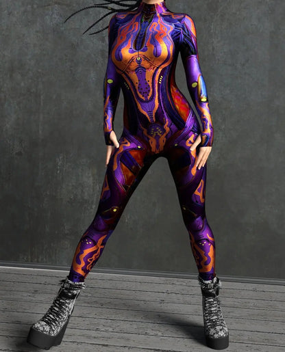 Women Cyber Armor 3D Printing Bodysuit Halloween Carnival Punk Cosplay Zentai Suit Festival Jumpsuit Party Morphsuit Rave Outfit - Kimlud