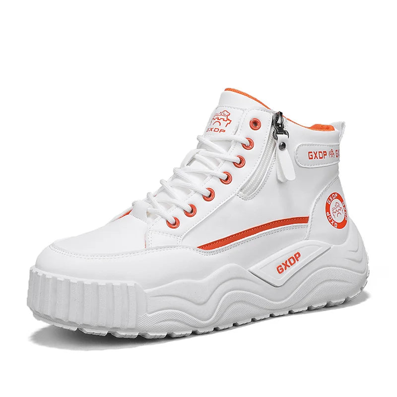Men's High Top Leather Sneakers Thick Soled for Height Increase Slip Resistant and Wear Resistant Versatile Casual Sports Shoes
