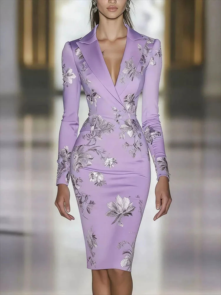 Elegant Luxury Floral Print Bodycon Midi Dress Retros V-neck Long Sleeve Fit Banquet Dress Temperament High Waist Wrap Hip Dress