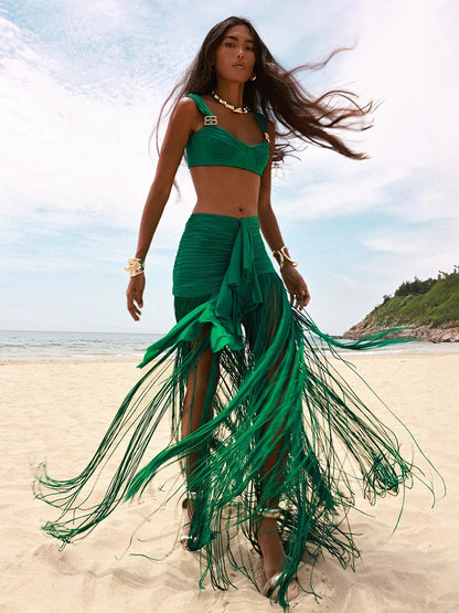VC Fashion Summer Beach Green Tassel Dress And Cropped Top Set Ruched Waist Design for Vacation Party