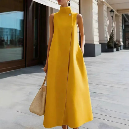 Simple Fashion Single Button High Neck Maxi Dress Women Spring Solid Pocket A-Line Long Dress Summer Sleeveless Bohemian...