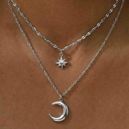 DOTIFI Stainless Steel Eight-Pointed Star Moon Pendant Double-Layer Necklace Women's Fashion Minimalist Commuter Chain Jewelry - Kimlud