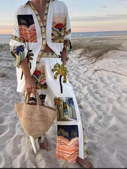 Casual Printed Two Piece Set Women Spring Summer New Fashion Comfort Holiday Button Long Sleeve Shirts And Wide Leg Pants 2 Sets