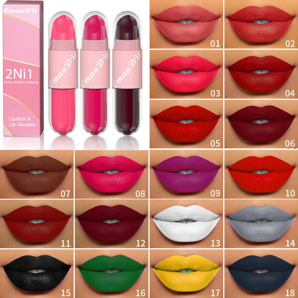 18 Colors 2 in 1 Matte Lipstick Liquid Purple Lip Glaze Double Head Lip Makeup Lasting Waterproof Velvet Sexy Dark Red...
