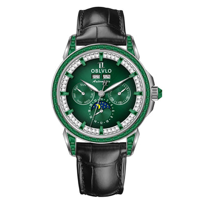OBLVLO Men's Fashion Automatic Watch Colorful Zircon Moonphase Mechanical Multifunctional Black Leather Strap Timepiece...