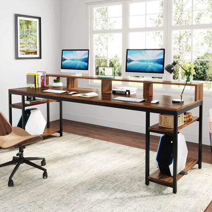 Tribesigns 78.74 Inches Extra Long Two-Person Desk, Double Computer Desk with Monitor Stand and Storage Shelves, Work Table