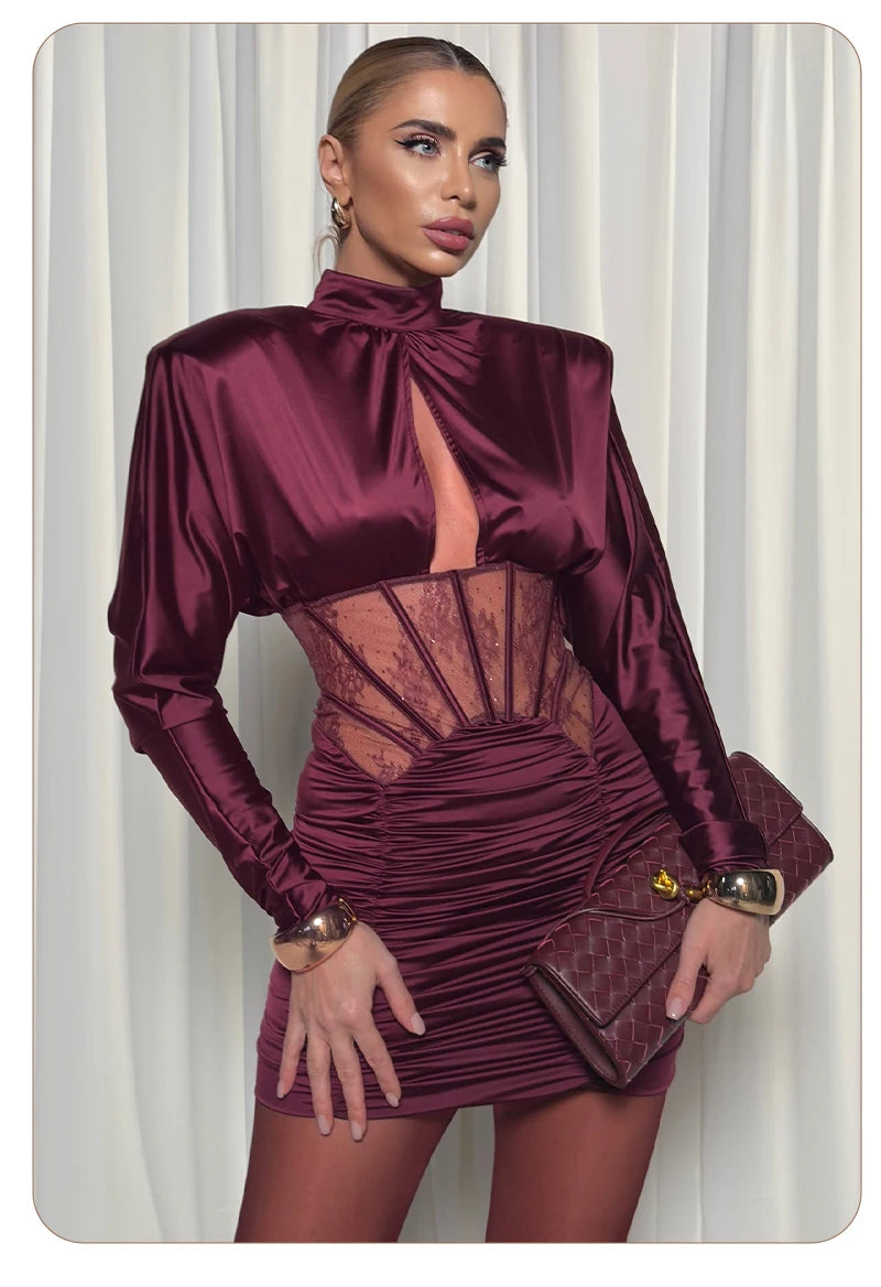 VC Elegant Burgundy Satin Mini Dress with Lace Corset Detail Long Sleeve High Neck Ruched Party Dress for Evening Events & Prom