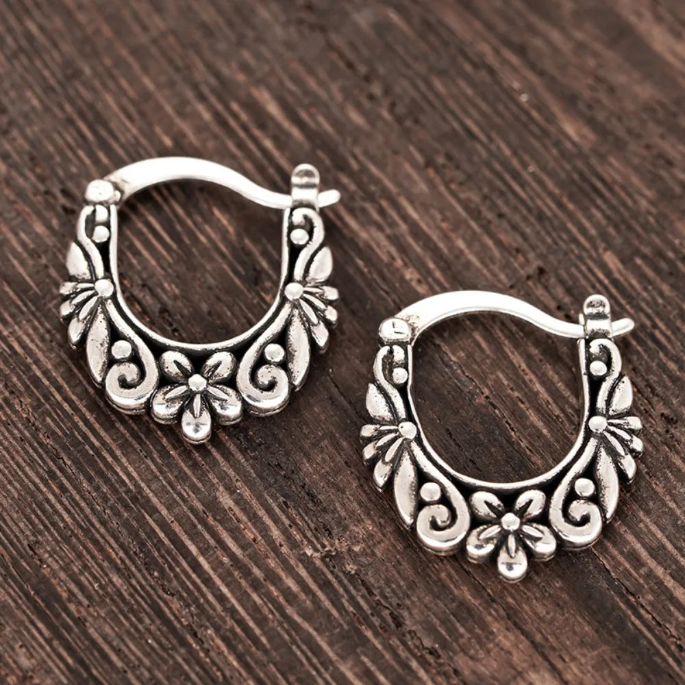 Retro Ethnic Style Ancient Silver Flower Texture Stainless Steel U-shaped Hoop Earrings for Women Boho Jewelry Accessories Gifts
