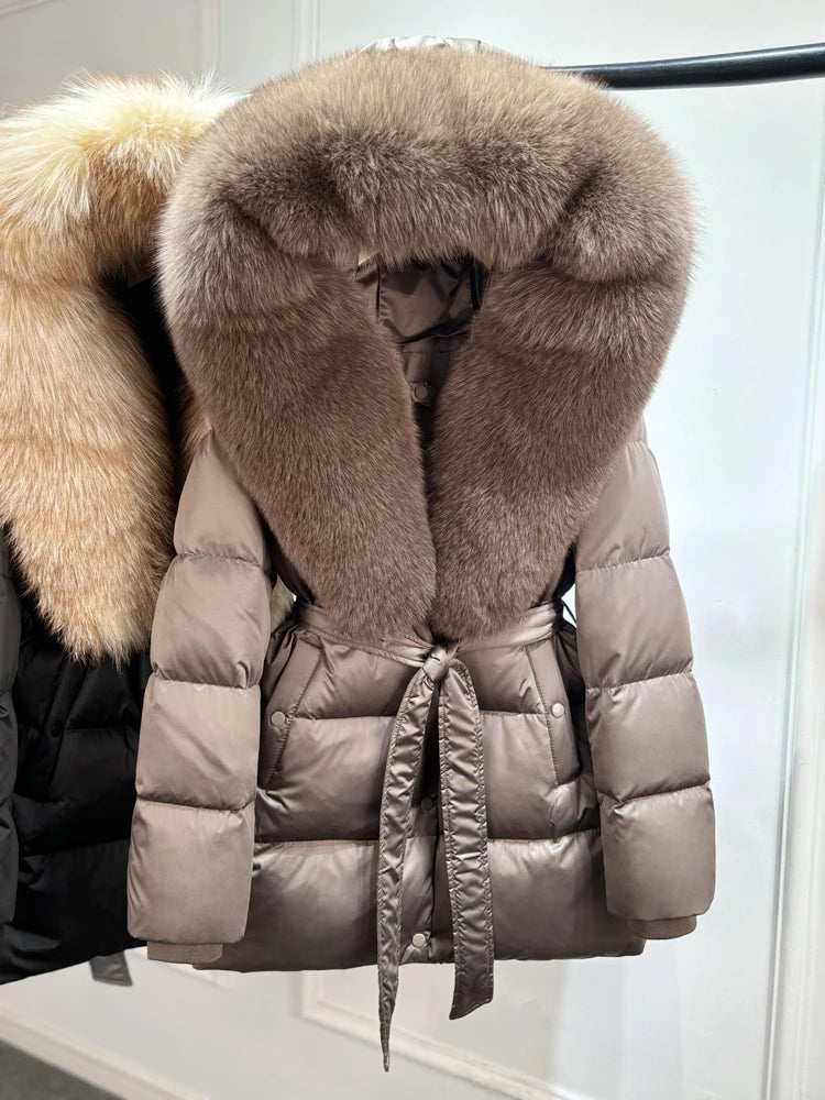 2025 New Natural Thick Warm 90% White Goose Down Coat Long Winter Jacket Women Real Big Fox Fur Collar Belt Loose Puffer Parka