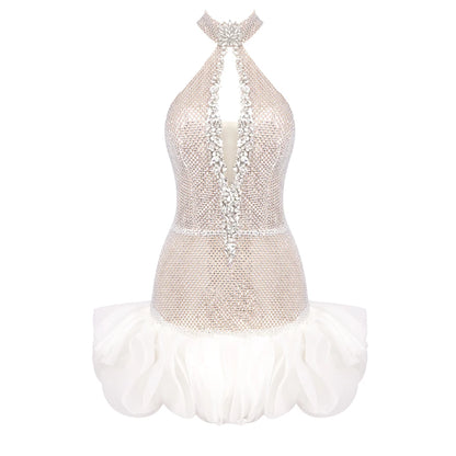 VC Shiny Silver Sequins Beaded Short Prom Dress Luxury Rhinestones Key Hole Halter Backless O Neck Short Tulle Cocktail Dress