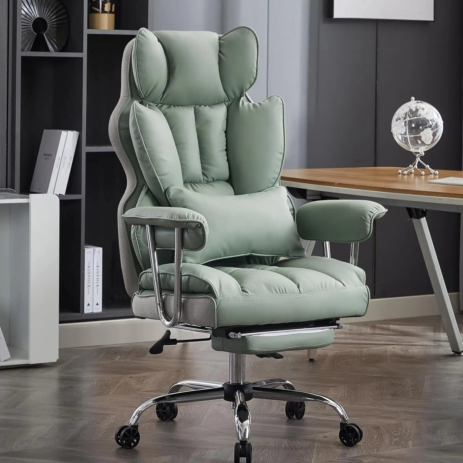 Heavy-Duty Executive Office Chair with Footrest, 400lbs Capacity, Reclining Backrest, Light Green Leather | Kimlud...