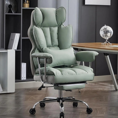 Heavy-Duty Executive Office Chair with Footrest, 400lbs Capacity, Reclining Backrest, Light Green Leather | Kimlud...