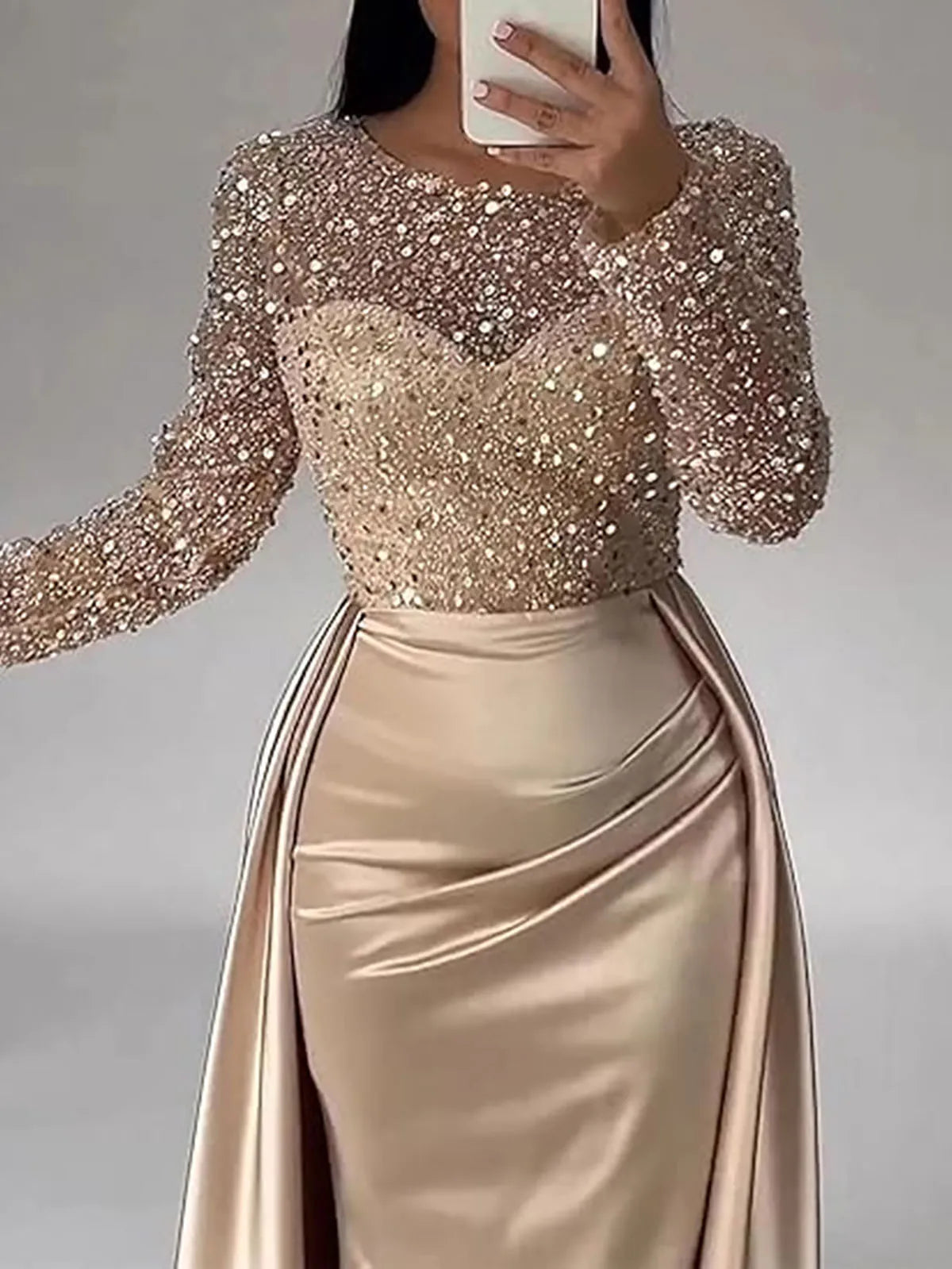 Women's Luxurious Sequins Evening Dress Round Neck Ruched Tiered Bodycon Maxi Dress For Female Prom Wedding Host Elegant Dresses