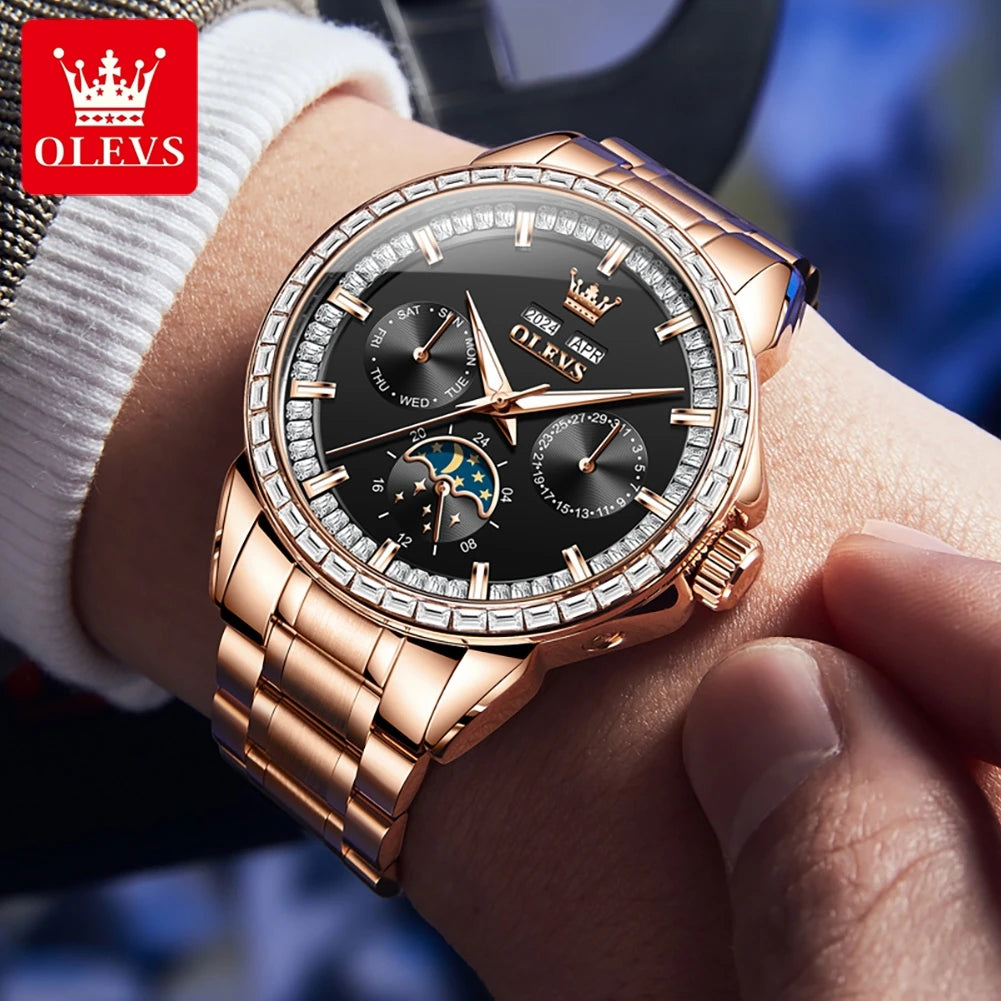 OLEVS 6695 Automatic Mechanical Men's Watches Luxury Brand Original Diamond Bezel Moon Phase Perpetual Calendar Man...